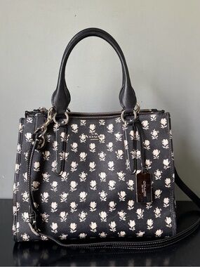 COACH Crosby Carryall Crossbody Black Printed Leather White Flower Badlands Rose
